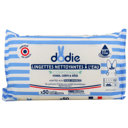 Lingettes nettoyantes à l'eau Dodie - paquet de 50 lingettes