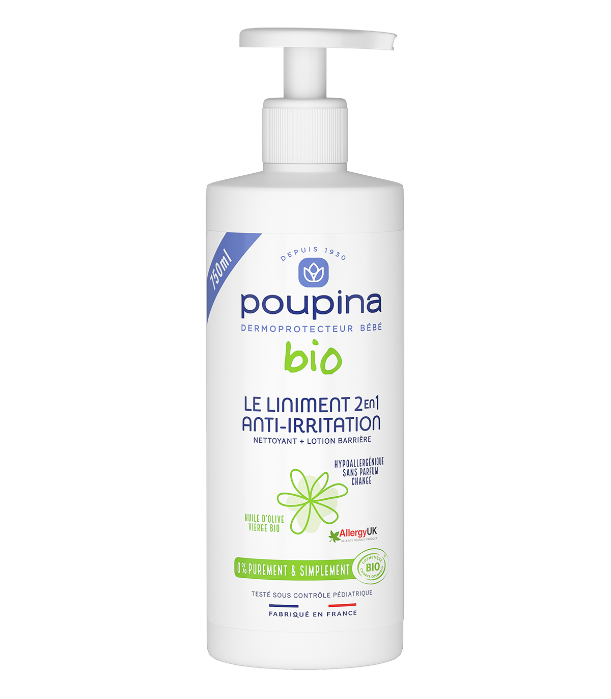 Liniment 2en1 anti-irritation bio Poupina - flacon-pompe de 750ml