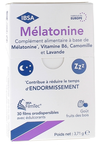 Mélatonine 1mg goût fruits des bois FilmTec Ibsa Pharma - boîte de 30 films orodispersibles