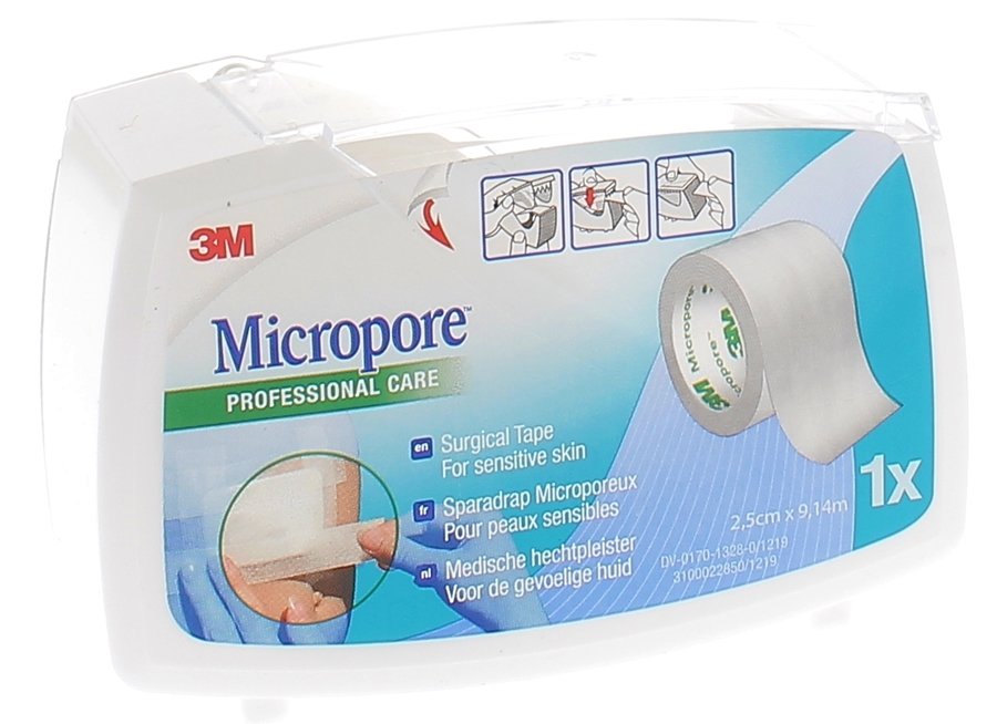 Micropore Sparadrap blanc avec dévidoir 3M - rouleau de 2,5 cm x 9,14 m