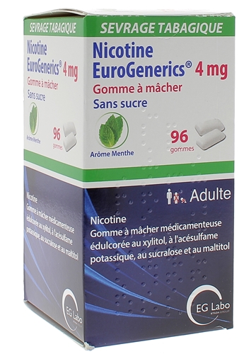 Nicotine 4mg menthe sans sucre gommes EuroGenerics EG Labo - boîte de 96 gommes
