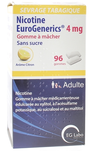 Nicotine EuroGenerics 4mg sans sucre arôme citron - boîte de 96 gommes à mâcher
