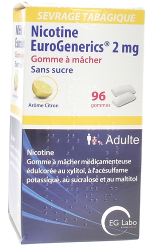 Nicotine EuroGenerics 2mg sans sucre arôme citron - boîte de 96 gommes à mâcher