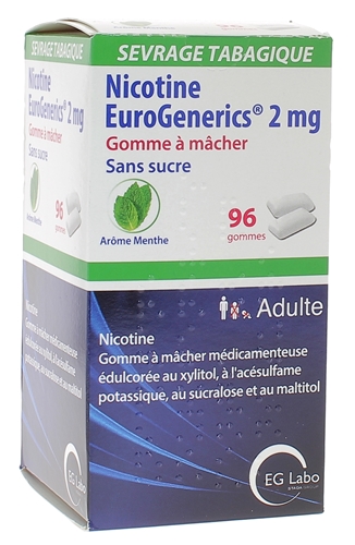 Nicotine EuroGenerics 2mg sans sucre arôme menthe - boîte de 96 gommes à mâcher