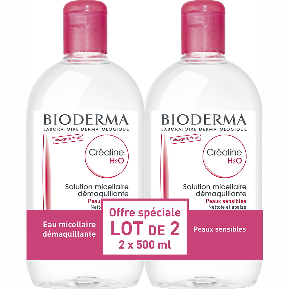 Offre Créaline H2O solution micellaire Bioderma, lot de 2 flacon de 500 ml