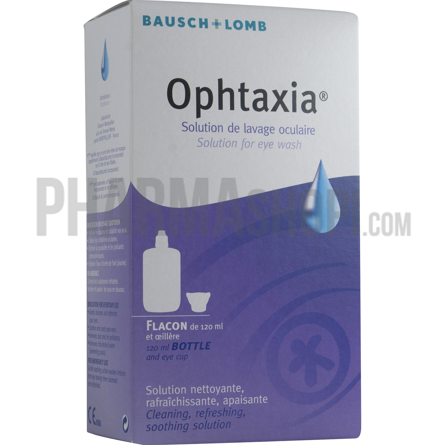 Ophtaxia solution de lavage oculaire Bausch & Lomb - flacon de 120 ml et oeillère