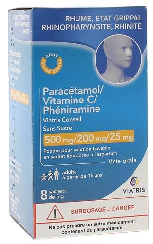 Paracétamol Vitamine C Phéniramine sans sucre Mylan - 8 sachets de 5g
