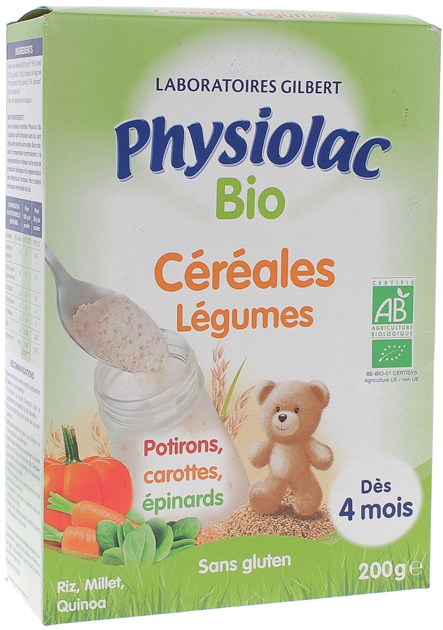 Physiolac Bio Céréales Légumes dès 4 mois Gilbert - boîte de 200 g
