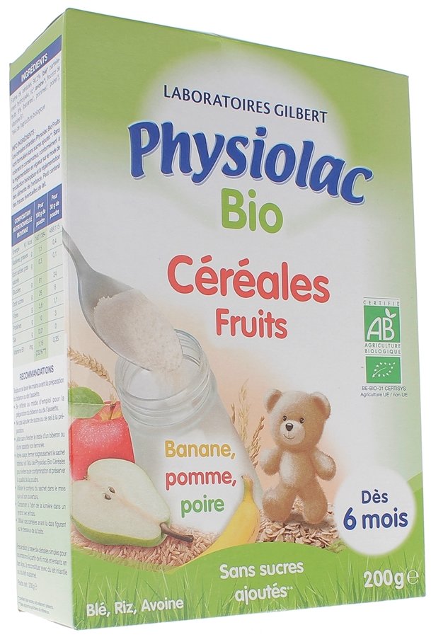 Physiolac bio céréales fruits dès 6 mois Gilbert - boite de 200 g