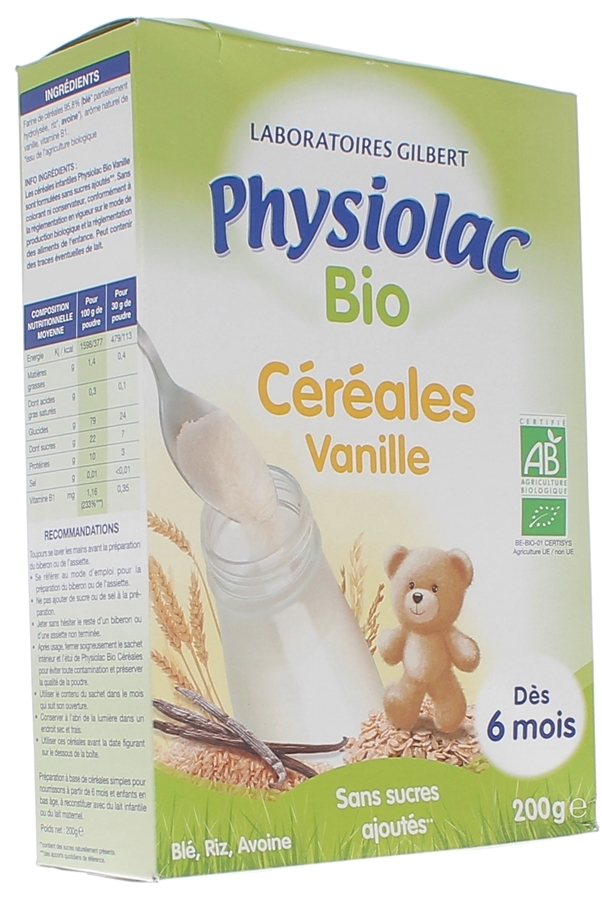 Physiolac bio céréales vanille dès 6 mois Gilbert - boite de 200 g
