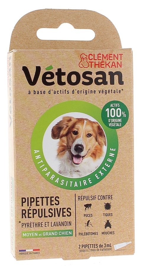 Pipettes répulsives moyen et grand chien vétosan Clément Thékan - 2 pipettes de 3 ml