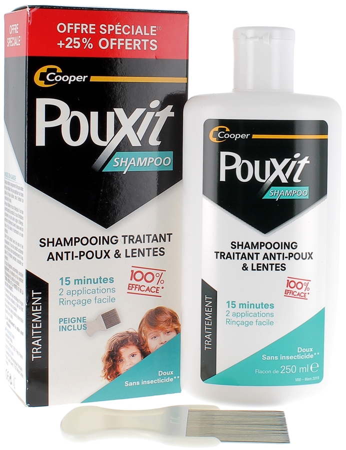 Pouxit Traitement Shampooing Traitant Anti-Poux & Lentes Cooper - flacon de 200 ml + 1 peigne inclus - Offre spéciale +25% OFFERTS