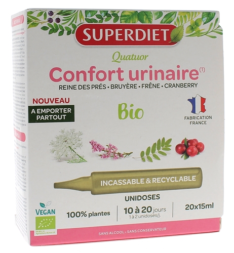 Quatuor Confort urinaire bio Superdiet - boîte de 20 unidoses de 15ml