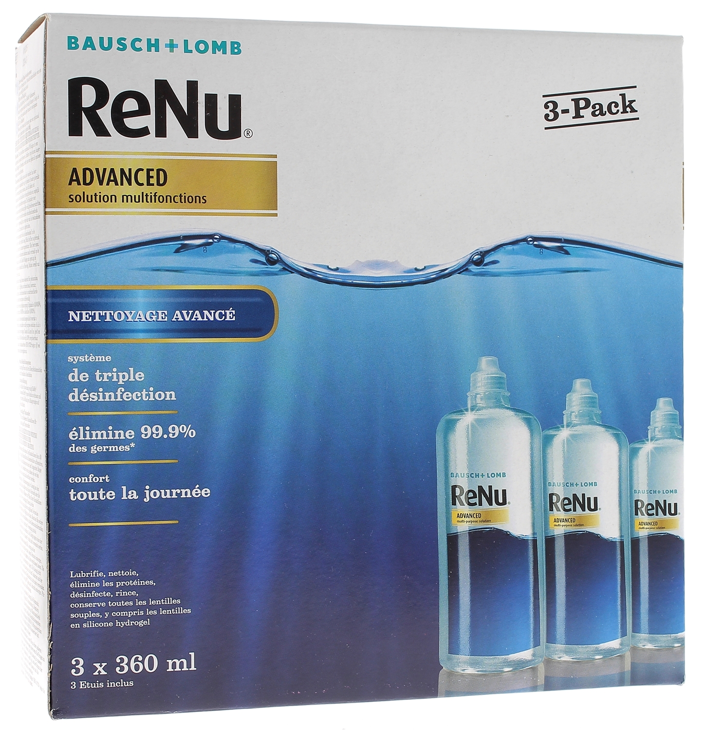 ReNu Advanced Solution lentilles multifonctions Bausch Lomb - lot de 3 flacons de 360 ml