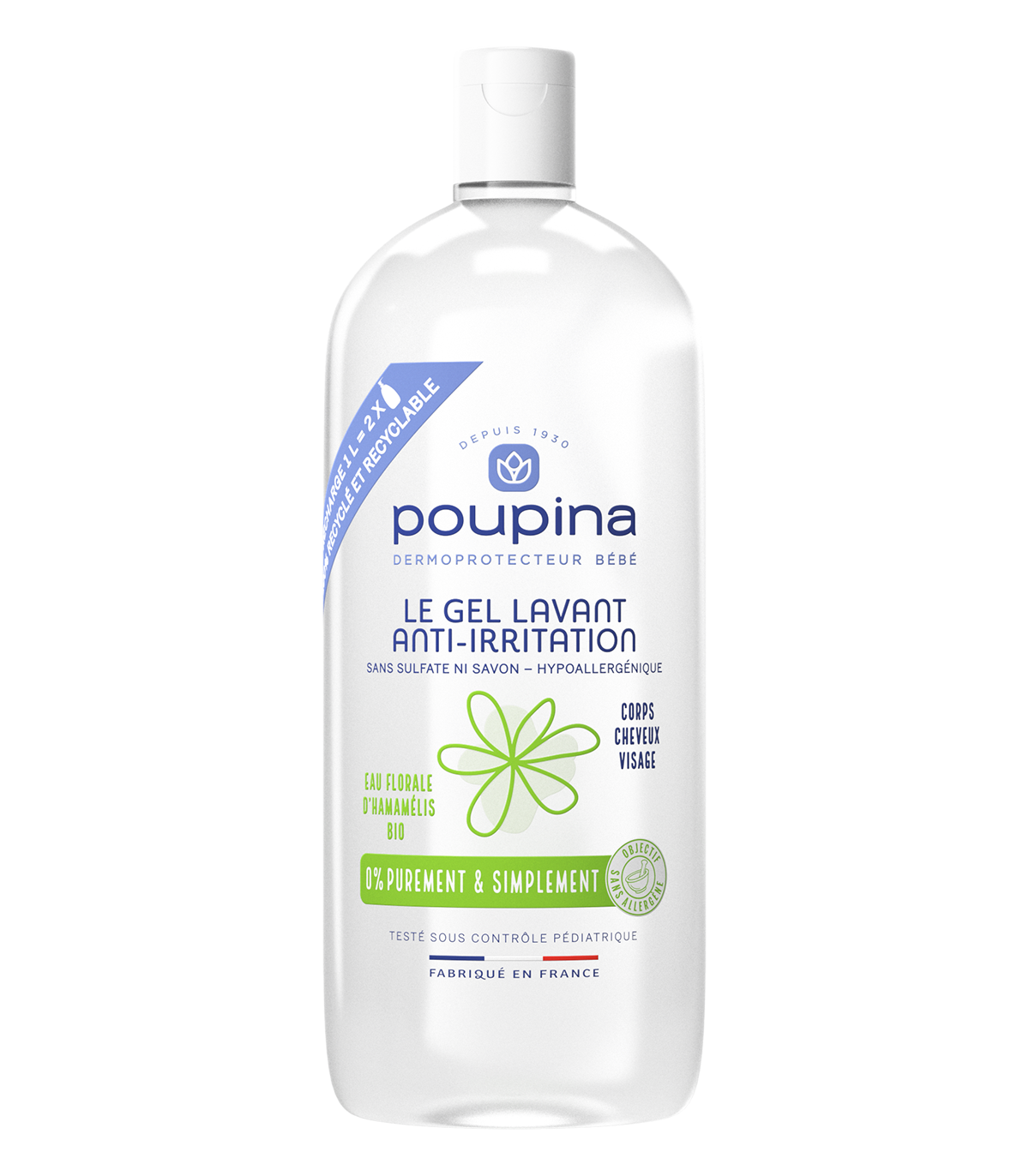 Recharge gel lavant anti-irritation Poupina - flacon de 1L