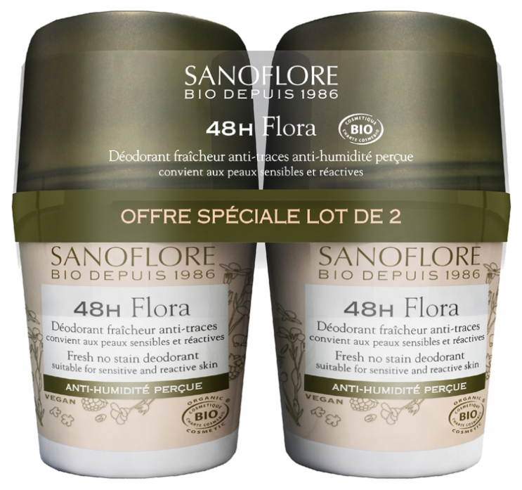 Flora déodorant efficacité 48h bio Sanoflore - lot de 2 roll-on de 50 ml