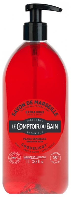 Savon de marseille liquide coquelicot Le comptoir du Bain - flacon-pompe de 1 L