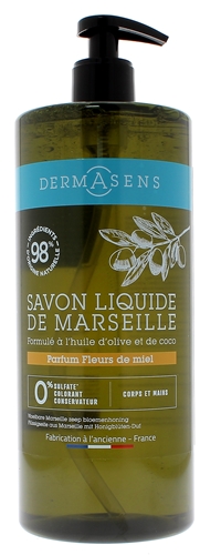 Dermasens Savon liquide de Marseille parfum fleurs de miel Marque Verte - flacon-pompe de 1L
