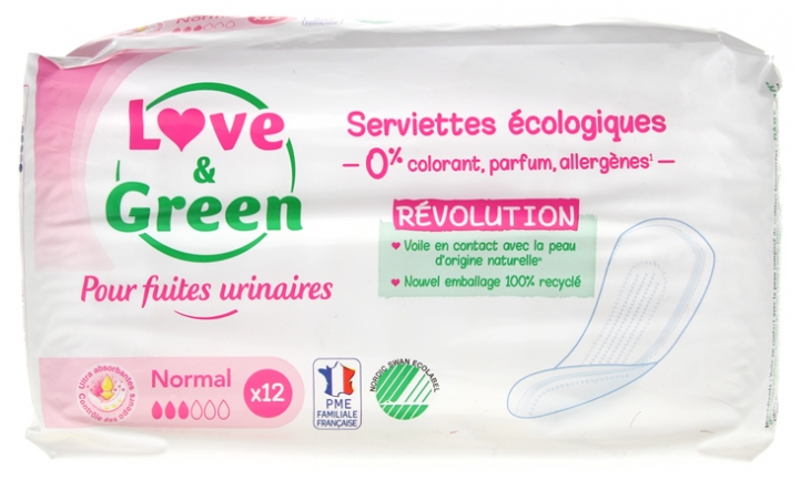Serviettes écologiques fuites urinaires normal Love & Green - sachet de 12 serviettes