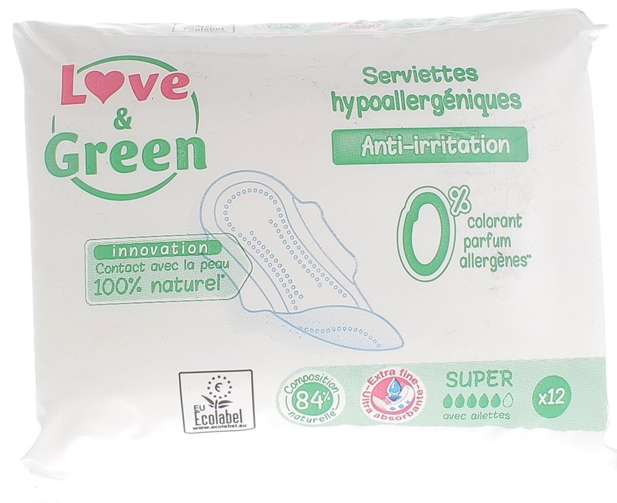 Serviettes hypoallergéniques anti irritations Love & Green - sachet de 12 serviettes