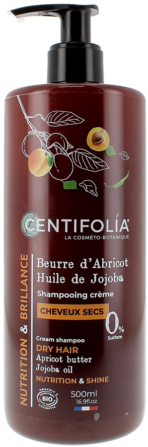 Shampooing Crème Cheveux Secs beurre d'Abricot et huile de Jojoba Centifolia - flacon à pompe de 500 ml