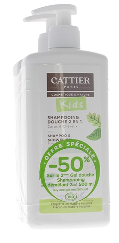Shampooing douche 2 en 1 kids Pomme verte bio Cattier - lot de 2 flacons-pompe de 500ml