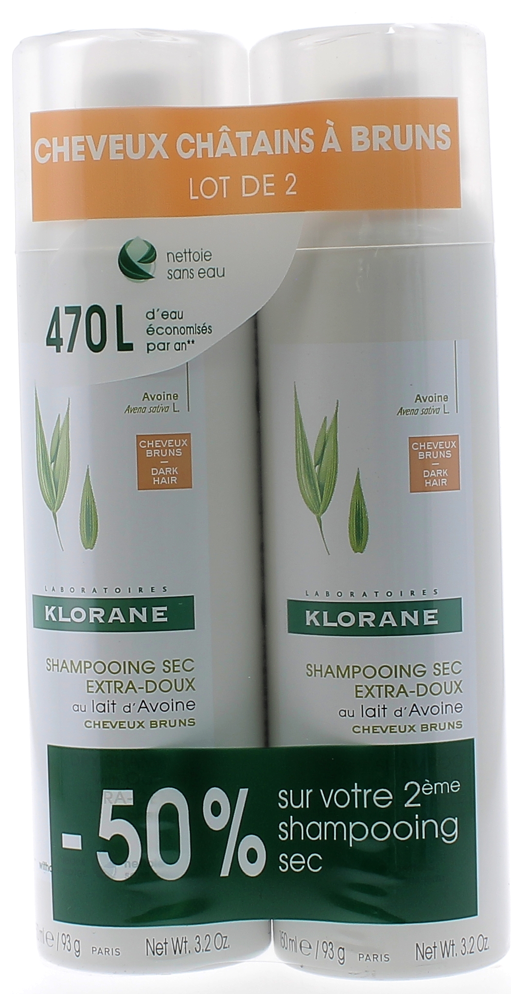 Shampooing sec extra-doux cheveux bruns Klorane - lot de 2 sprays de 150 ml