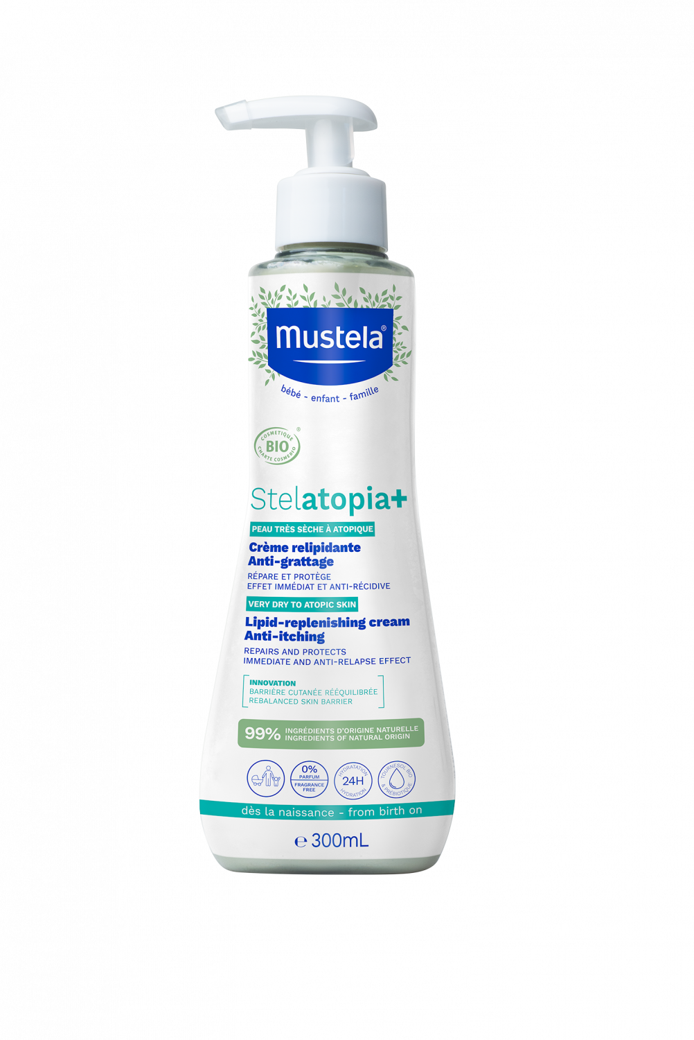 Stelatopia+ Crème relipidante anti-grattage bio Mustela - flacon-pompe de 300ml