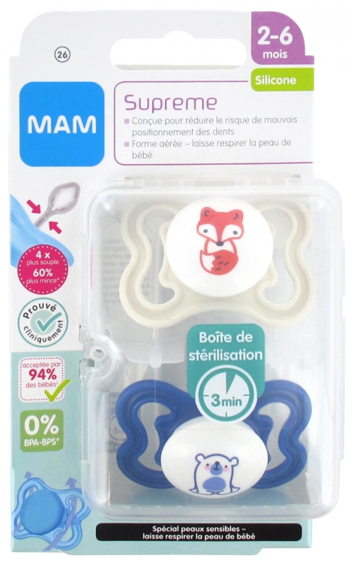 MAM Supreme – Lot de 2 tétines en silicone (6+ mois) – Ensemble de sucettes  avec boîte à sucette – Tétines pour réduire le risque de mauvais  positionnement des dents – Modèle