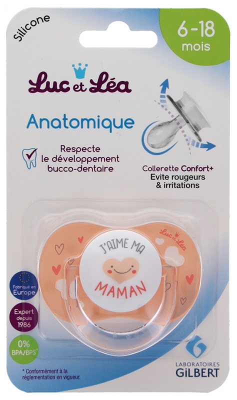 Sucette "J'aime ma maman" silicone anatomique 6 à 18 mois Luc et Léa - 1 sucette