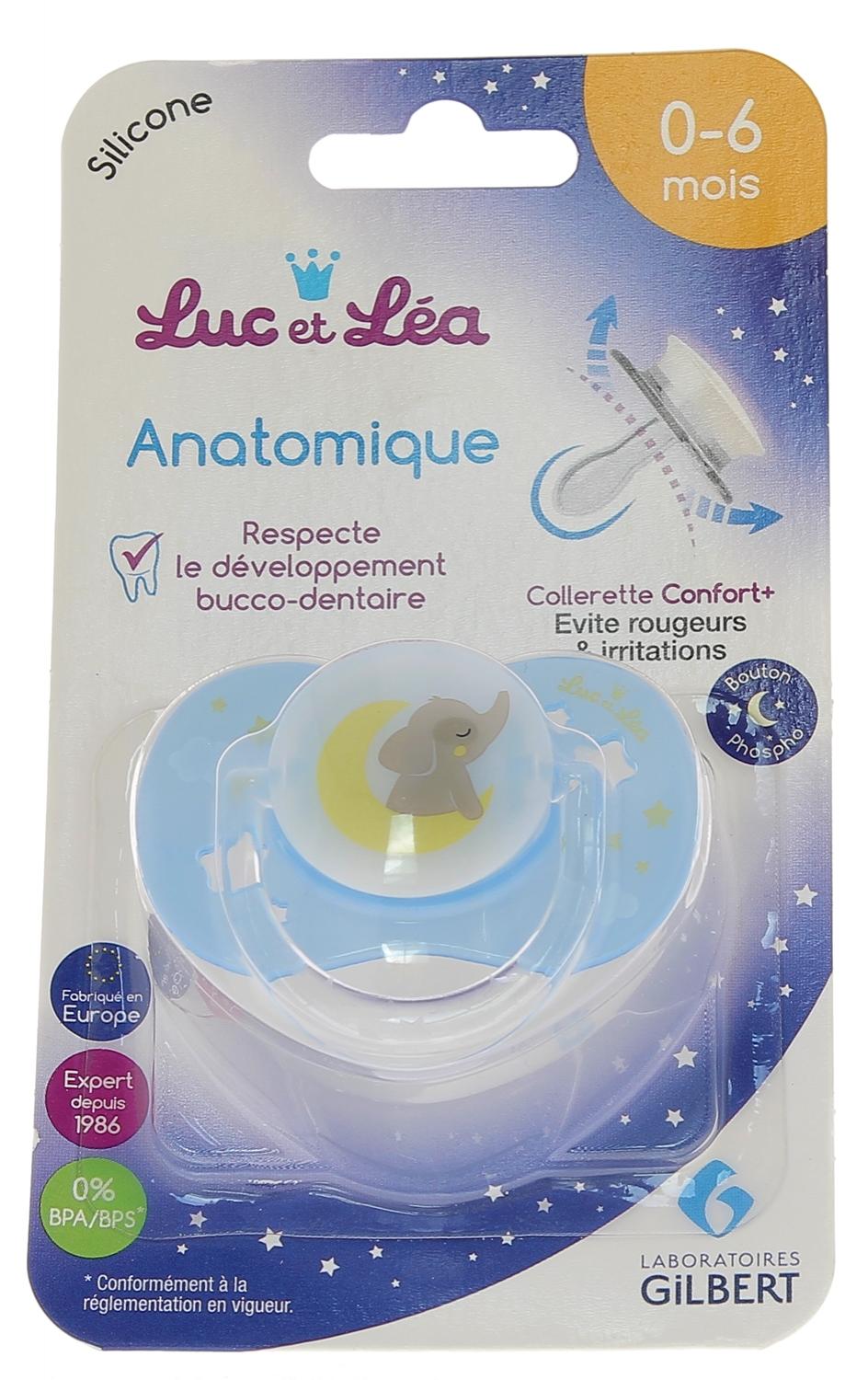 Sucette silicone anatomique avec anneau nuit 0-6 mois Luc et Léa - une sucette