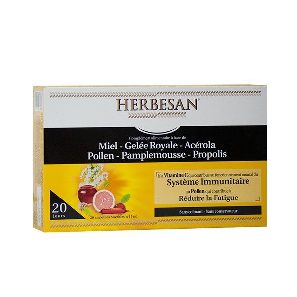 Herbesan Miel Gelée Royale Acérola Pollen Pamplemousse Propolis 20 Ampoules  + 10 Offertes