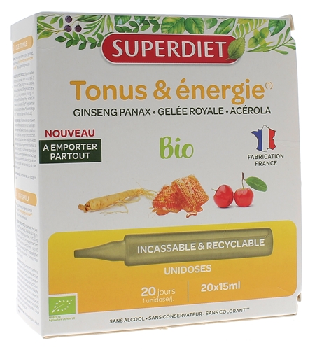 Tonus & énergie bio Superdiet - boîte de 20 unidoses de 15ml