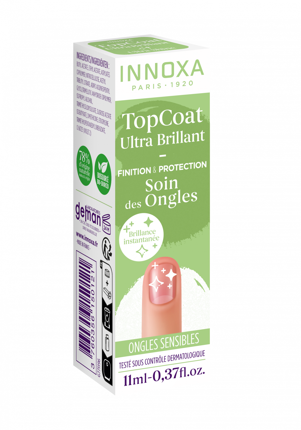 Top coat ultra brillant ongles sensibles Innoxa - flacon de 11 ml