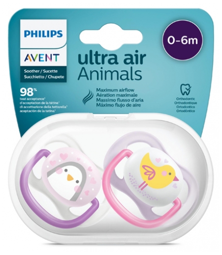 Ultra Air Animals Sucettes orthodontiques silicone 0-6 mois Avent - lot de 2 sucettes