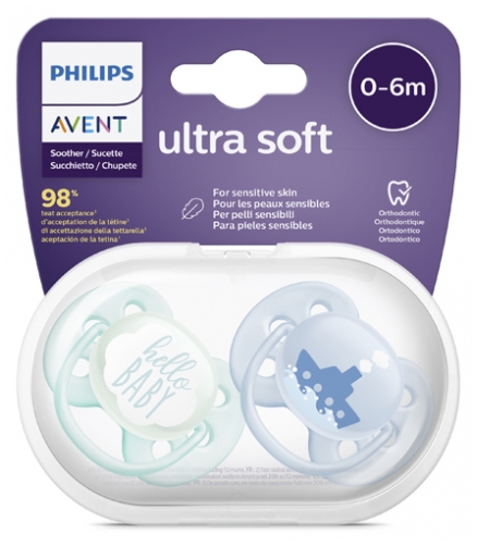 Ultra Soft sucettes orthodontiques 0-6 mois hello baby & bateau Philips Avent - lot de 2 sucettes