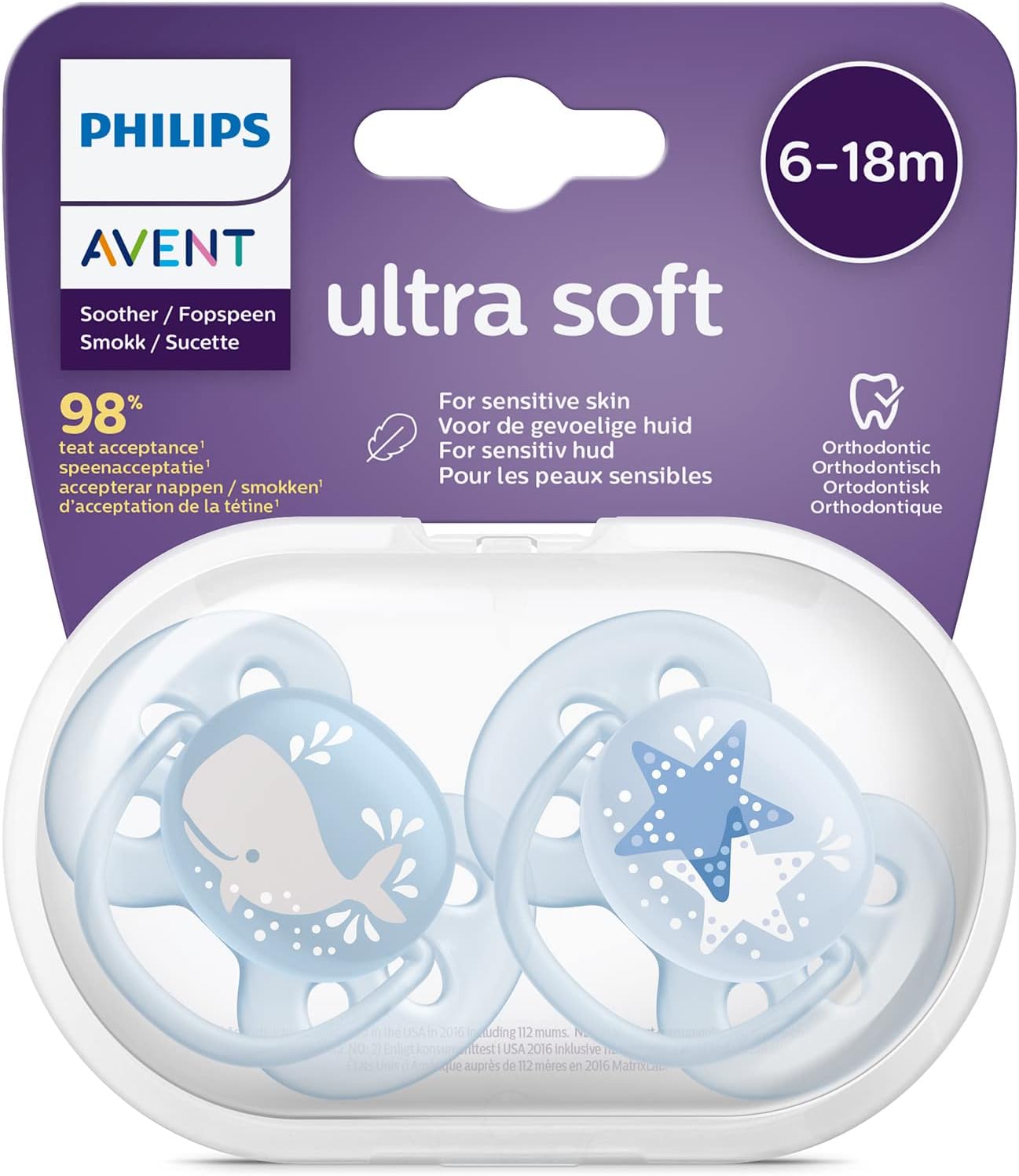 Ultra Soft sucettes orthodontiques 6-18 mois baleine & étoiles Philips Avent  - sucettes à motifs