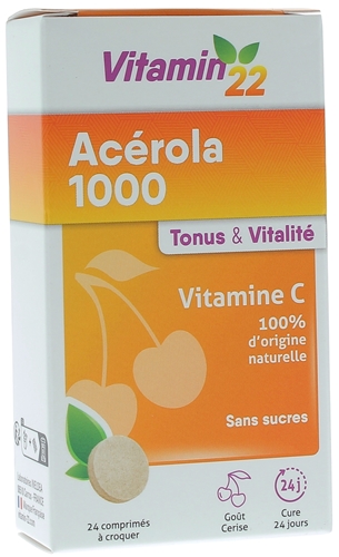Vitamin'22 Acérola 1000 vitamine C Ineldea - boîte de 24 comprimés à croquer