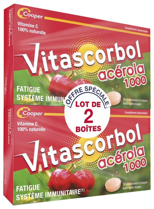 Vitascorbol Acérola 1000 goût fruits rouges - lot de 2 boites de 30 comprimés à croquer