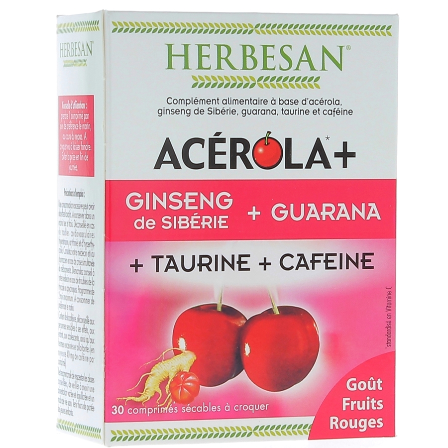 Acérola, ginseng, guarana, taurine, caféine Herbesan - boite de 30 comprimés à croquer