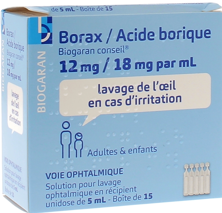 Borax Acide borique Biogaran solution pour lavage ophtalmique - 15 unidoses de 5 ml