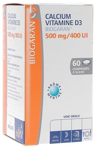 Calcium vitamine D3 Biogaran 500mg/400 UI - Boîte de 60 comprimés à sucer