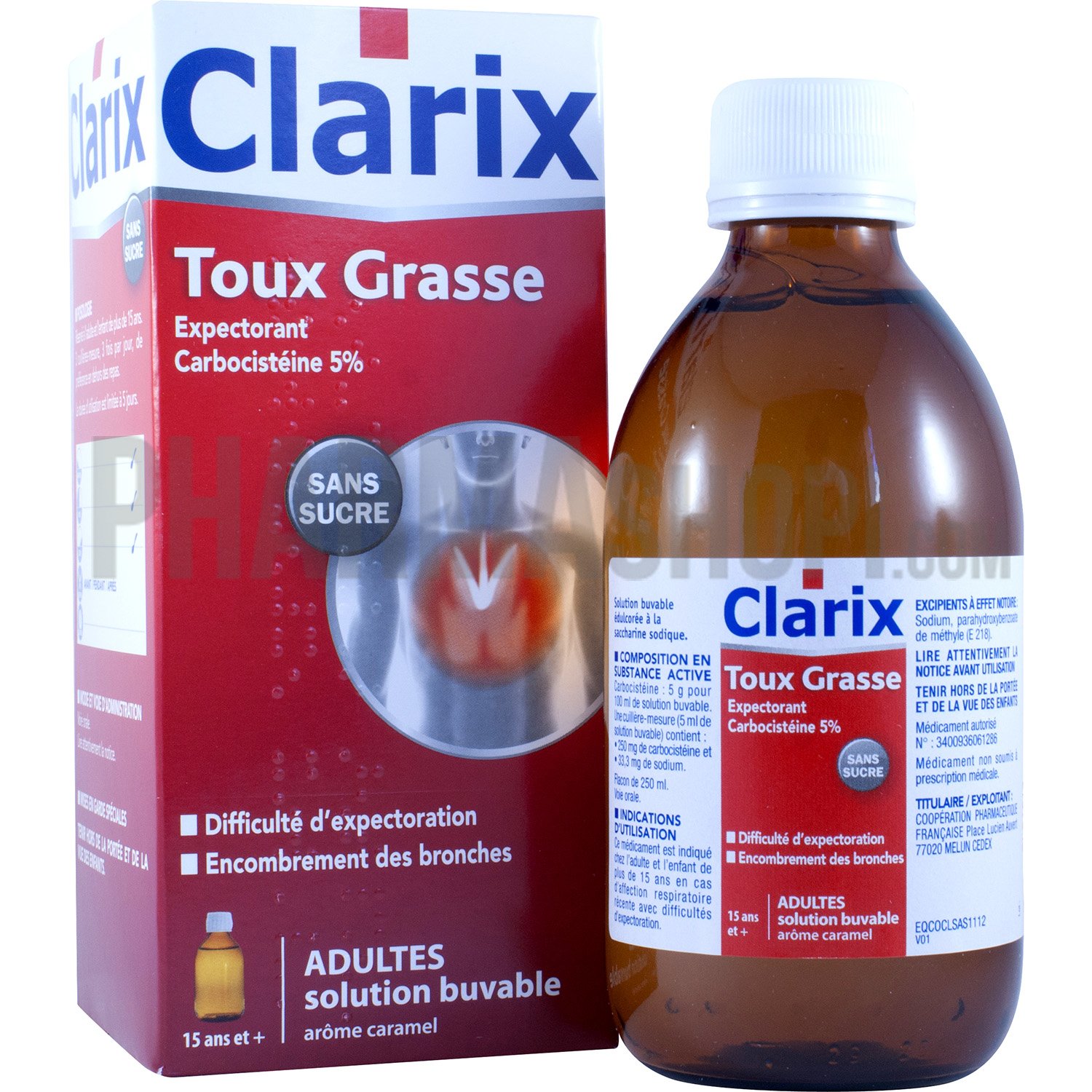 Clarix toux grasse expectorant 5% Adultes sans sucre - flacon de 250 ml