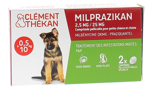 Milprazikan 2,5 mg / 25 mg comprimé pelliculé pour petits chiens Clément Thékan - boite de 2 comprimés péliculés
