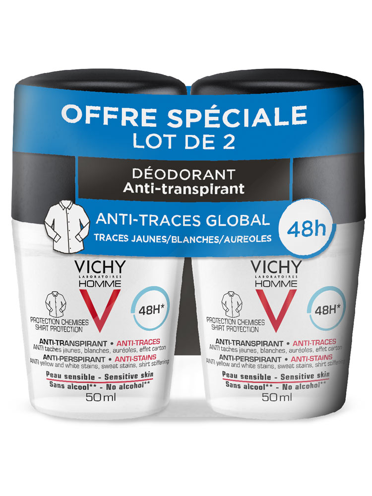 Déodorant homme anti-transpirant anti-traces global Vichy - lot de 2 flacons de 50 ml