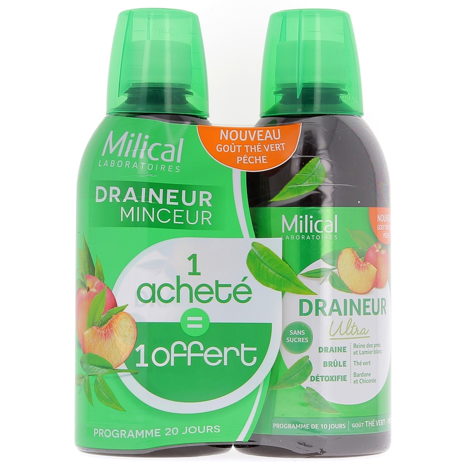 Draineur minceur pêche Milical - Lot de 2 bouteilles de 500 ml