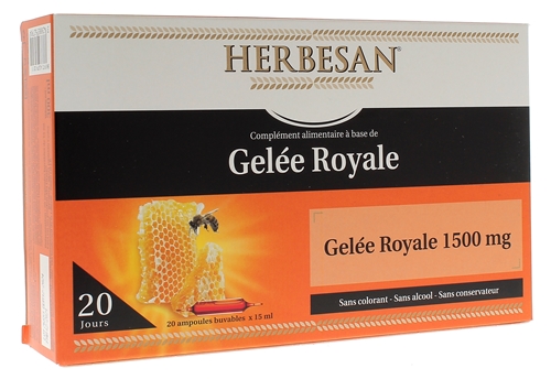 Gelée royale 1500 mg Herbesan - Boite de 20 ampoules
