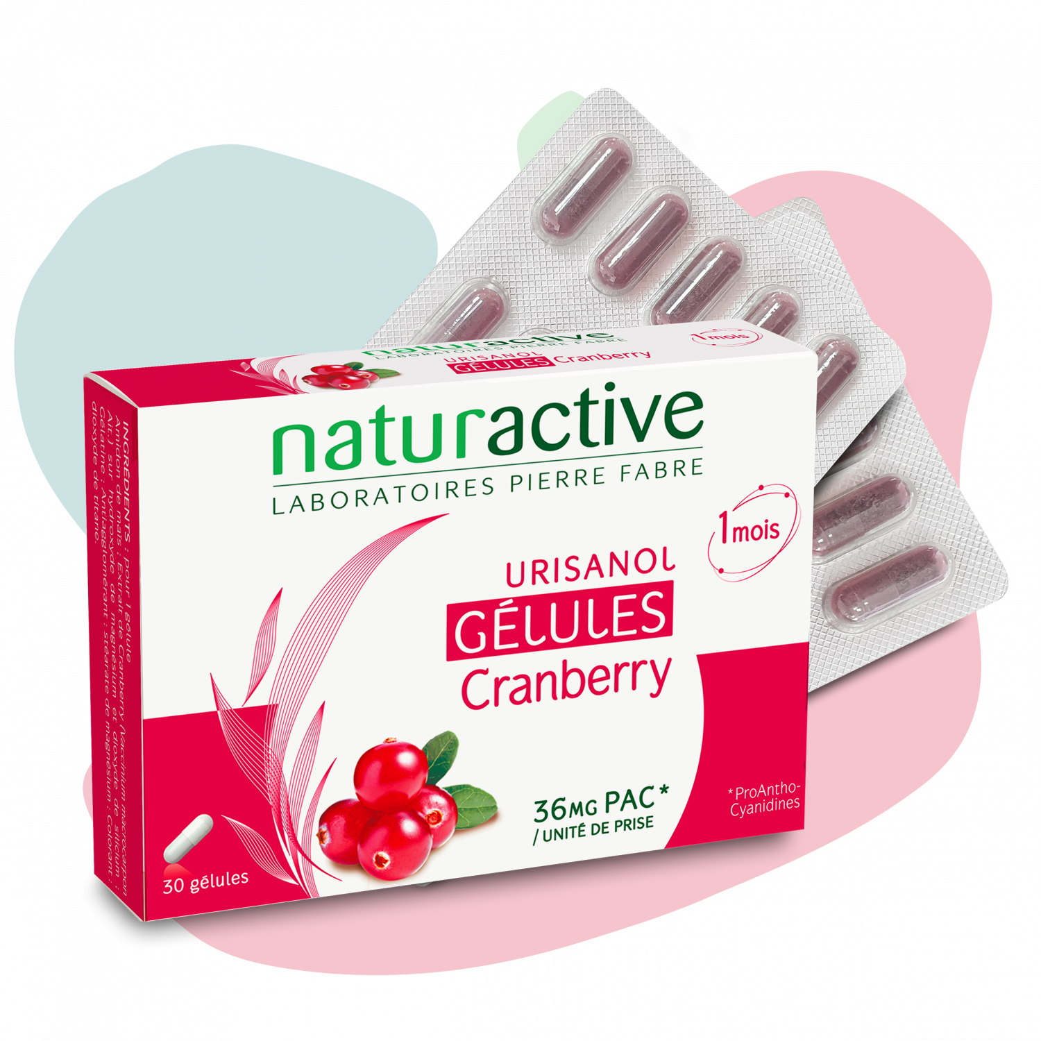 Urisanol Cranberry Gènes urinaires récidivantes Naturactive - une boite de 30 gélules