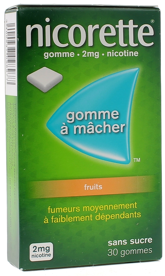 Nicorette 2mg fruits sans sucre gomme à mâcher - boite de 30 gommes