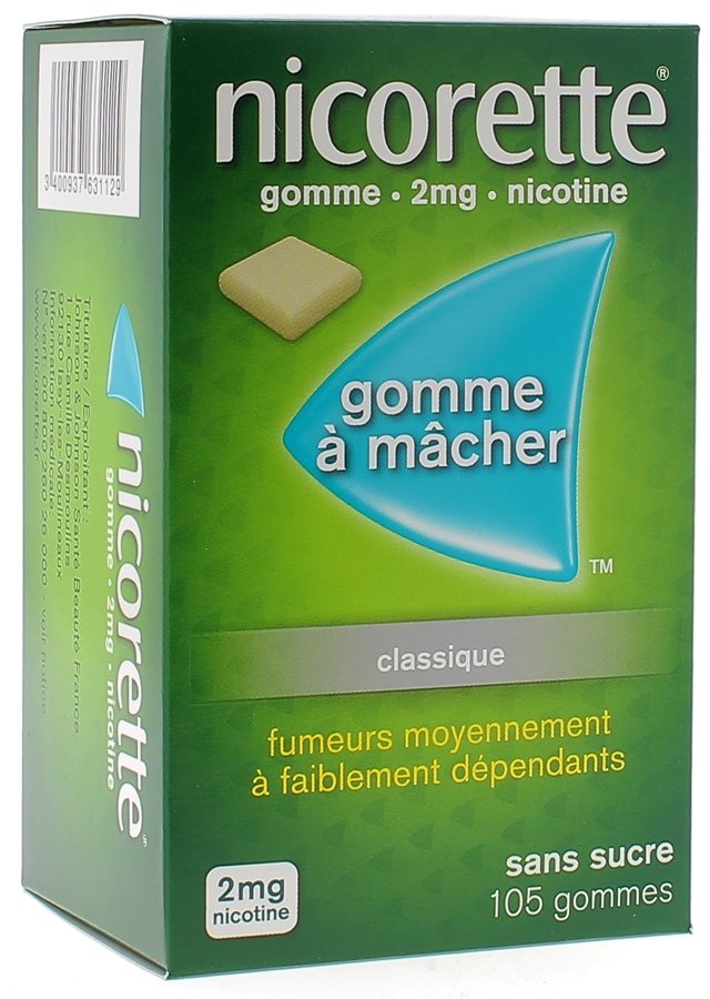 Nicorette 2mg sans sucre gomme à macher, boite de 105 gommes